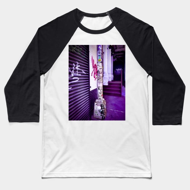 Purple NYC Street Pop Art Graffiti Stickers Baseball T-Shirt by eleonoraingrid